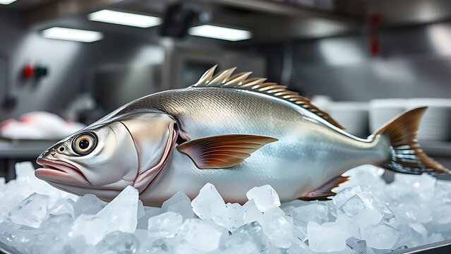 turbot. A whole silver-gray turbot fish on ice in a professional kitchen. menu design, packaging mockups, designed for culinary blogs and recipe cards for restaurants, used by art directors.