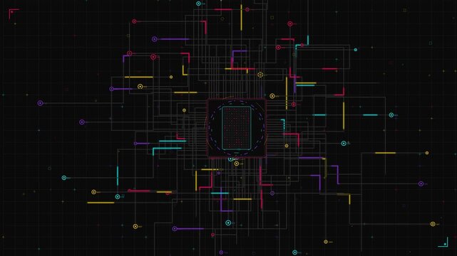 Dynamic digital circuit pathways expand from a central processor module to demonstrate complex data transmission and futuristic computer motherboard architecture.