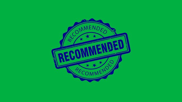 Recommended rubber stamp animation on green screen, blue ink seal for product endorsement, vintage quality guarantee badge for marketing