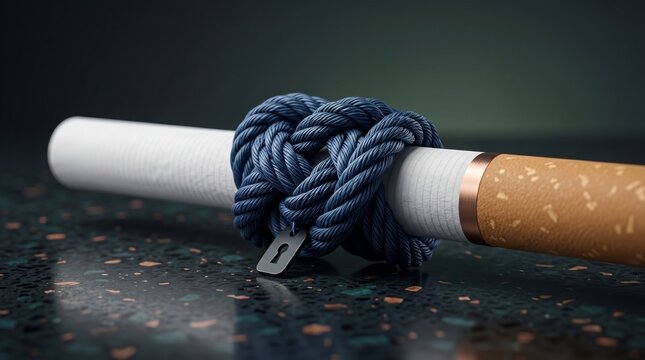 Cigarette tightly bound with rope and a lock, symbolizing addiction and control