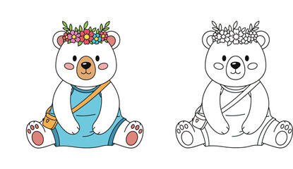 Fototapeta premium Cute Cartoon Polar Bear Character wearing Flower Crown and Blue Dress, Set of Colored Illustration and Black and White Line Art Coloring Page for Kids, Kawaii Animal Vector Design