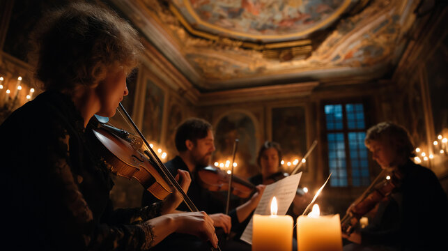 Private candlelit concert by a string quartet in a Florentine baroque palazzo beneath a frescoed ceiling for six guests