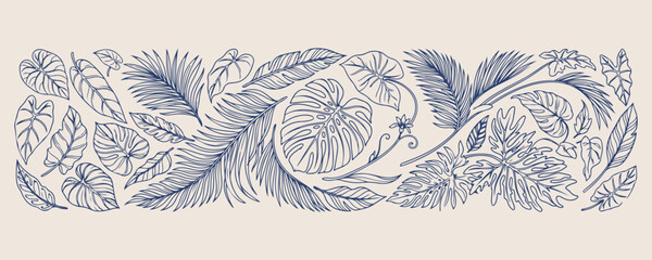 Minimal hand drawn tropical leaf doodle, Expressive brush line monstera sketch, Clean layout jungle foliage illustration, High negative space botanical drawing, Rough sketch style exotic plants art, S © Geetaroy
