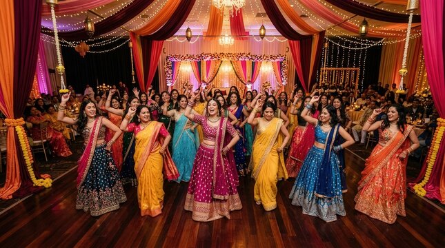 Joyful indian women dancing in colorful lehengas at a vibrant sangeet ceremony in a decorated banquet hall.