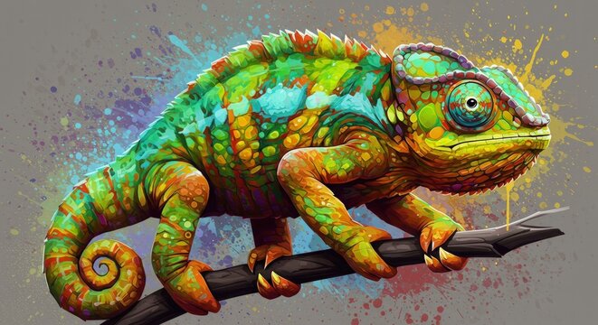 Colorful chameleon on branch.