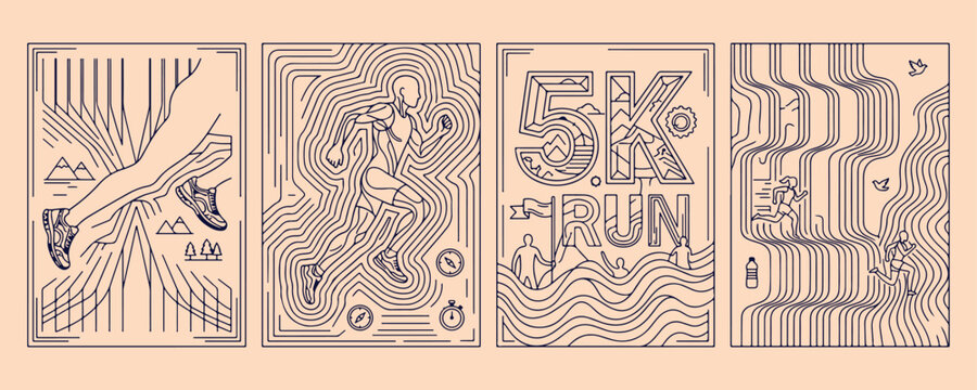 Active healthy lifestyle 5k run, sports marathon activity line art, hand drawn athlete running doodle, minimalist fitness training vector sketch, creative sports event design asset, marathon runner an