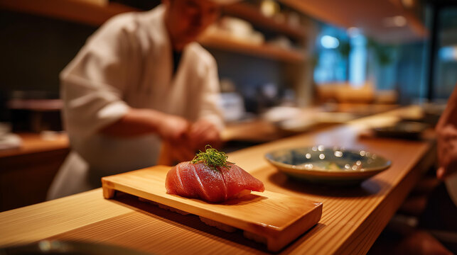Master chef presenting a single aged bluefin otoro nigiri sushi at a private omakase counter in Tokyo on a cypress board, intimate gourmet moment