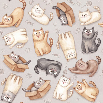 Cute cartoon cats seamless pattern with cozy pastel tones, toys, and boxes. Great for baby products, packaging, and creative backgrounds.