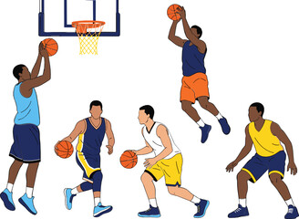 Basketball Player Action Set with Dunk, Dribble, and Shooting Poses for Sports Illustrations, Graphic Design, and Digital Media © Mst