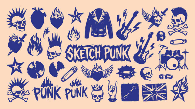 Sketch punk rock music icons, underground subculture doodle line art, hand drawn punk fashion elements, minimalist rebel lifestyle vector sketch, creative music subculture design asset, punk rock skul