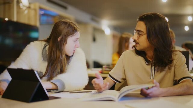 Two young students are engaged in a discussion while studying at a modern desk. They share information from a book and a digital tablet, collaborating on their academic work.