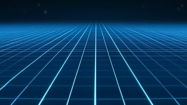 Blue Grid Perspective Glowing Lines on Dark Background Futuristic Matrix Landscape Digital Surface Abstract Geometric Design Technological Backdrop