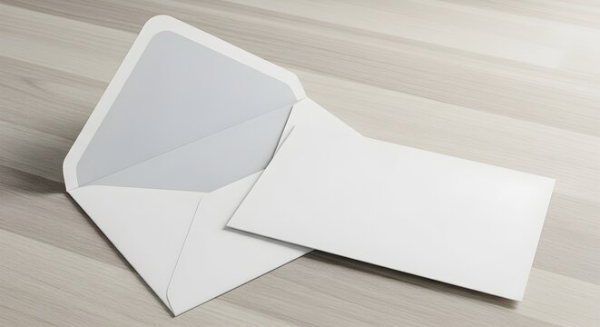 Blank white card resting on an open white envelope on a light wooden surface