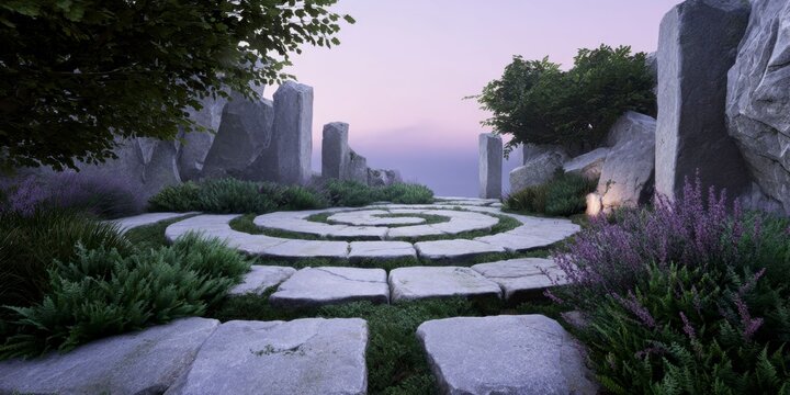 a labyrinth made of stone, surrounded by lush vegetation and ancient ruins