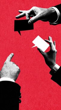 Modern stop motion with hands exchanging speech bubbles on red textured background. Concept of communication flow, negotiation, customer support, messaging systems and idea exchange.