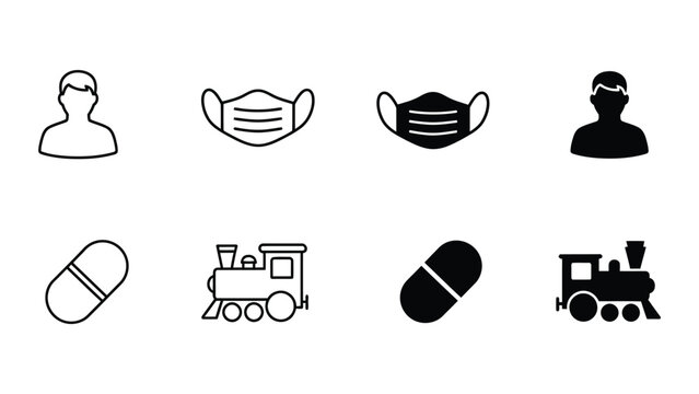 Contrast of health precautions and transportation icons in black and white