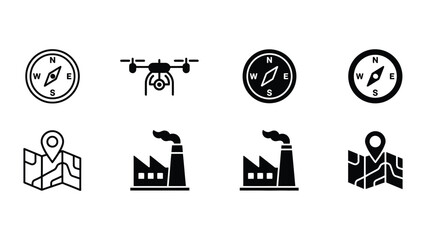Fototapeta premium Icons representing navigation, drones, mapping, and industrial facilities