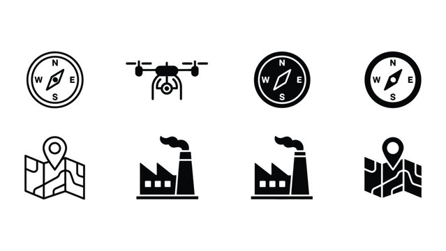 Icons representing navigation, drones, mapping, and industrial facilities