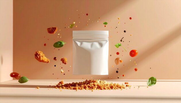 creative concept featuring a plain white pouch packaging (mockup) floating in the air, surrounded by flying food ingredients such as pieces of crispy fried chicken, fresh basil leaves, irr