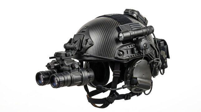 Advanced Tactical Combat Helmet with Night Vision Goggles and Accessories on White Background