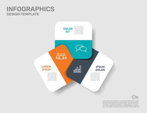Modern square infographic design with three interlocking segments, business icons, and text placeholders on gray background. Vector illustration.