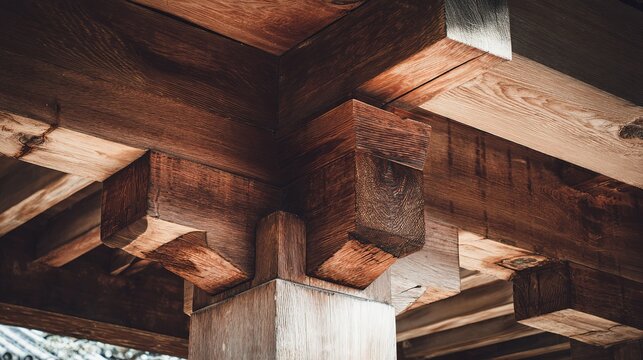 Ancient Temple Wooden Framework Detail Showing Mortise Joints, Weathered Wood, Historical Architecture, Natural Lighting