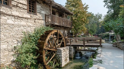 Fototapeta premium Ancient Watermill with Stone Grinding Wheels by Riverside, Flowing Water Motion, Rustic Wooden Structure, Natural Daylight