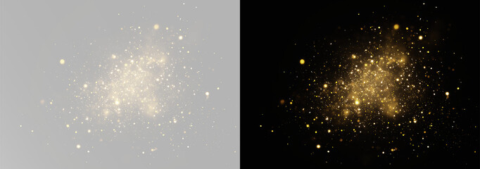 Gold magic dust and flickering sparkles, abstract glowing particles cloud and bokeh effect, luxury golden glitter spray for holiday card design, shining light overlay for creative graphic projects © theladydarina