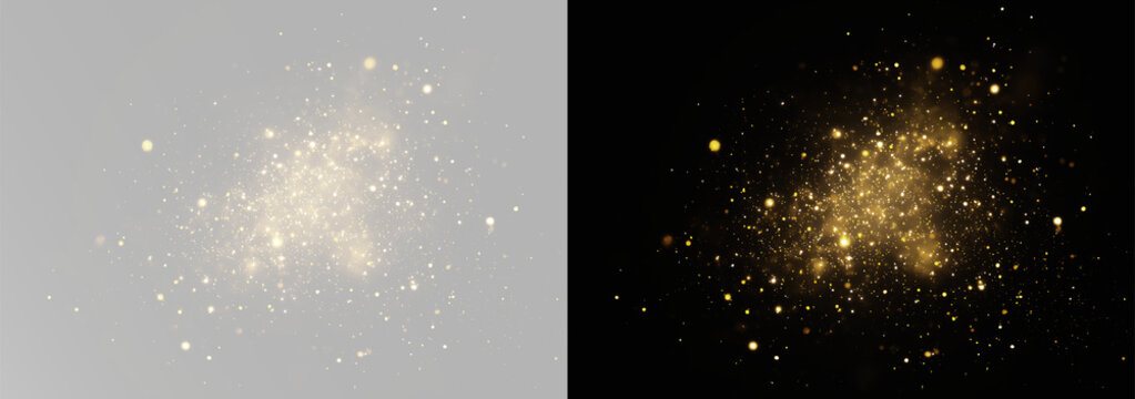 Gold magic dust and flickering sparkles, abstract glowing particles cloud and bokeh effect, luxury golden glitter spray for holiday card design, shining light overlay for creative graphic projects