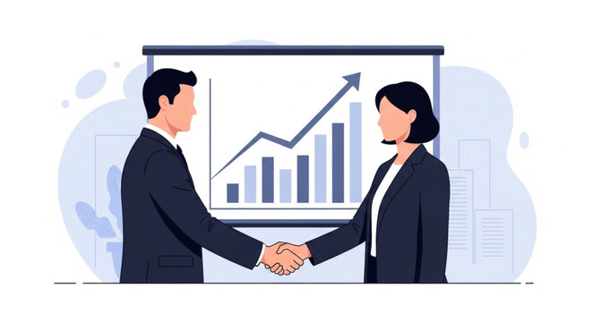Business partners shaking hands in front of a growing financial chart.