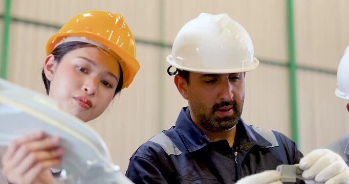 Asian engineer team inspects molded industrial part at close range, discussing defect risk, production quality, machine performance, safety compliance, technical choice inside factory workshop.