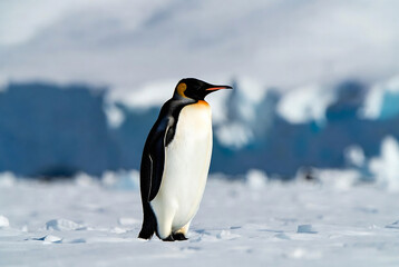 Obraz premium A single emperor penguin stands on a snowy Antarctic landscape. It is standing still, surveying its surroundings.