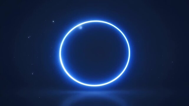 Glowing Blue Ring Shape Surrounded by Small Particles in Dark Blue Background With Ground Reflection and Dim Lighting