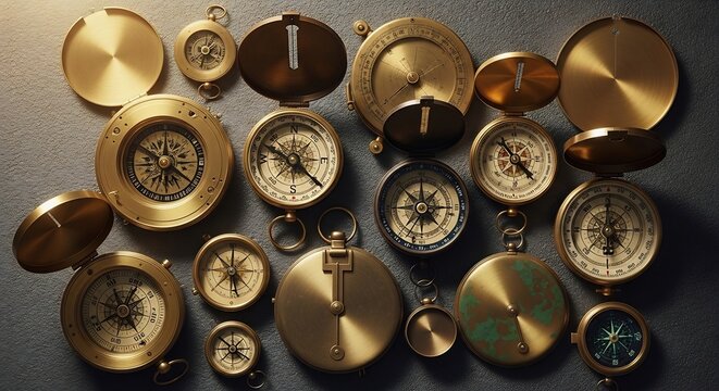 Collection of Vintage Brass Compasses and Navigation Tools Displayed Artfully.