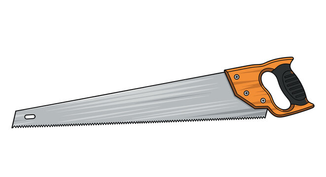Professional hand saw features a long serrated steel blade and an ergonomic orange handle, designed for efficient wood cutting work.