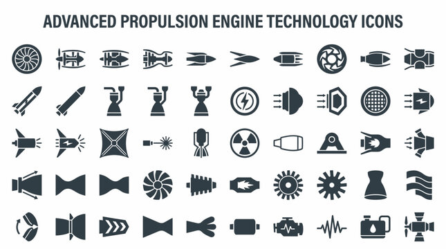 A collection of advanced propulsion engine technology icons on a white background