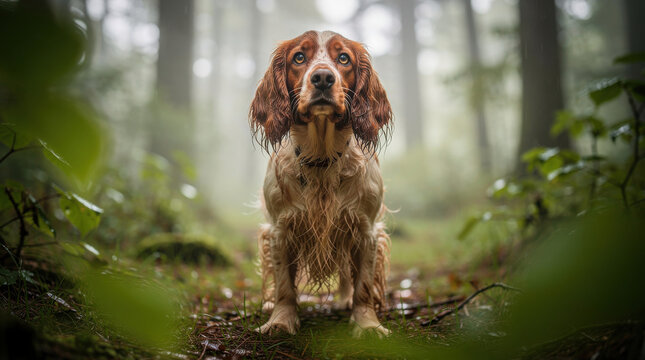 English Cocker Spaniel Low Angle Forest Wildlife Telephoto Shot Natural Frame Copy Space