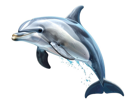 Dolphin in mid-leap with splash spray and smooth blue-gray skin