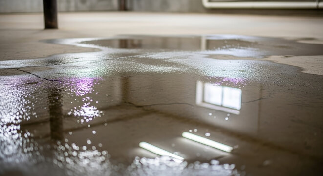 Wet basement floor with puddles reflecting light from ceiling fixtures. Wet basement floor shows water accumulation, indicating potential flooding issues.