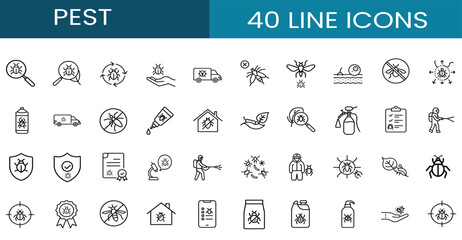 pest control and bug protection web line icons set featuring insect life cycle magnifying search wasp defense chemical spray hazmat worker and more Vector Illustration with editable stroke © Purnima