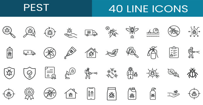 pest control and bug protection web line icons set featuring insect life cycle magnifying search wasp defense chemical spray hazmat worker and more Vector Illustration with editable stroke