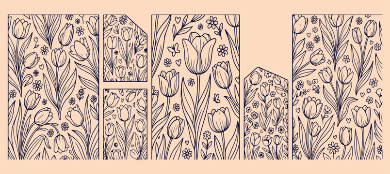 Elegant tulip and garden flowers, botanical floral line art illustration, hand drawn meadow flowers doodle, minimalist spring nature vector sketch, creative floral design elements, elegant garden blos