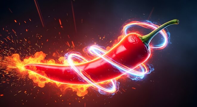Cabai merah pedas dengan efek cincin api dan cahaya neon menyala di latar belakang gelap