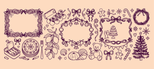 Obraz premium Organic botanical wreath collection, decorative nature border frames, hand drawn leaf and branch doodle, minimalist botanical design elements, creative garden themed frames, elegant nature border line