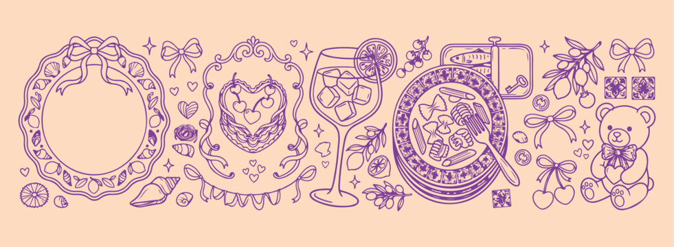 Cocktail and garnish doodle set, purple drink vector illustrations, bar menu line art collection, summer beverage graphic elements, tropical drink hand drawn icons, purple cocktail sketch art, elegant