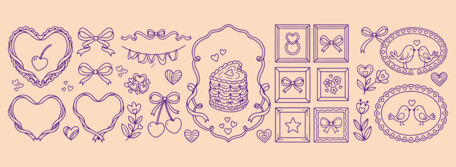 Whimsical food fruit frame set, purple kitchen border illustrations, cake and fruit line art, cute culinary frame collection, decorative kitchen label vectors, purple berry and pastry frames, playful  © Geetaroy