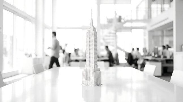 A small model of a skyscraper sits on a table in a modern office space with people working in the background.