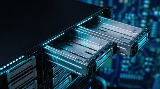 Data server rack drawer open, metal storage tray in dark technology room
