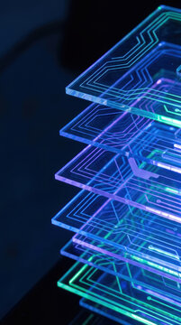 Layered acrylic circuit board macro shot with blue and purple glow on dark background