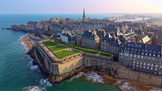 Beautiful drone orbit near the Intra Muros district of the historic port commune Saint-Malo, Ille-et-Vilaine, France